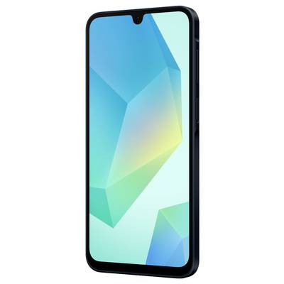 Smartphone with a screen displaying abstract geometric shapes in shades of blue and green. Minimalist, modern design.