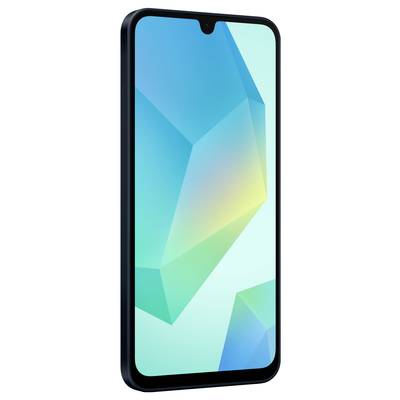Black smartphone with blue-green geometric background on the screen.