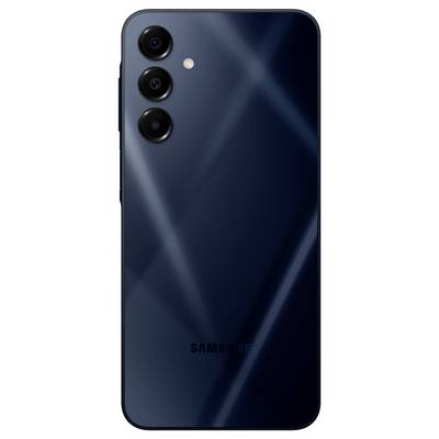 Back of a black smartphone with three camera lenses and a flash light on the left side.