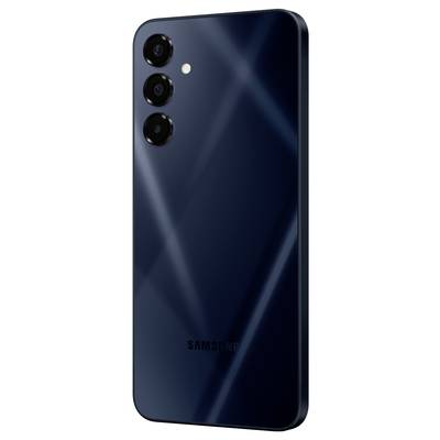Rear view of a dark Samsung smartphone with three camera lenses and a flash in the top left corner.