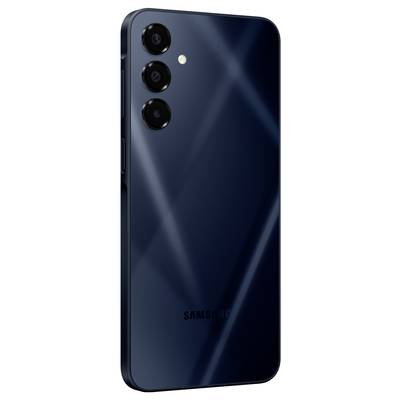 A Samsung smartphone, with a rear panel featuring three camera lenses and a flash. The colour is dark blue with a shimmering finish.