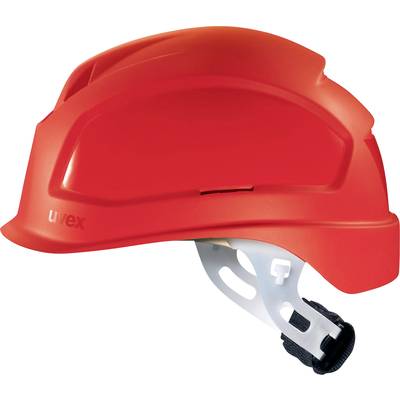 A red safety helmet viewed from the side, with an adjustable chin strap and ventilation slots, for workplace safety.