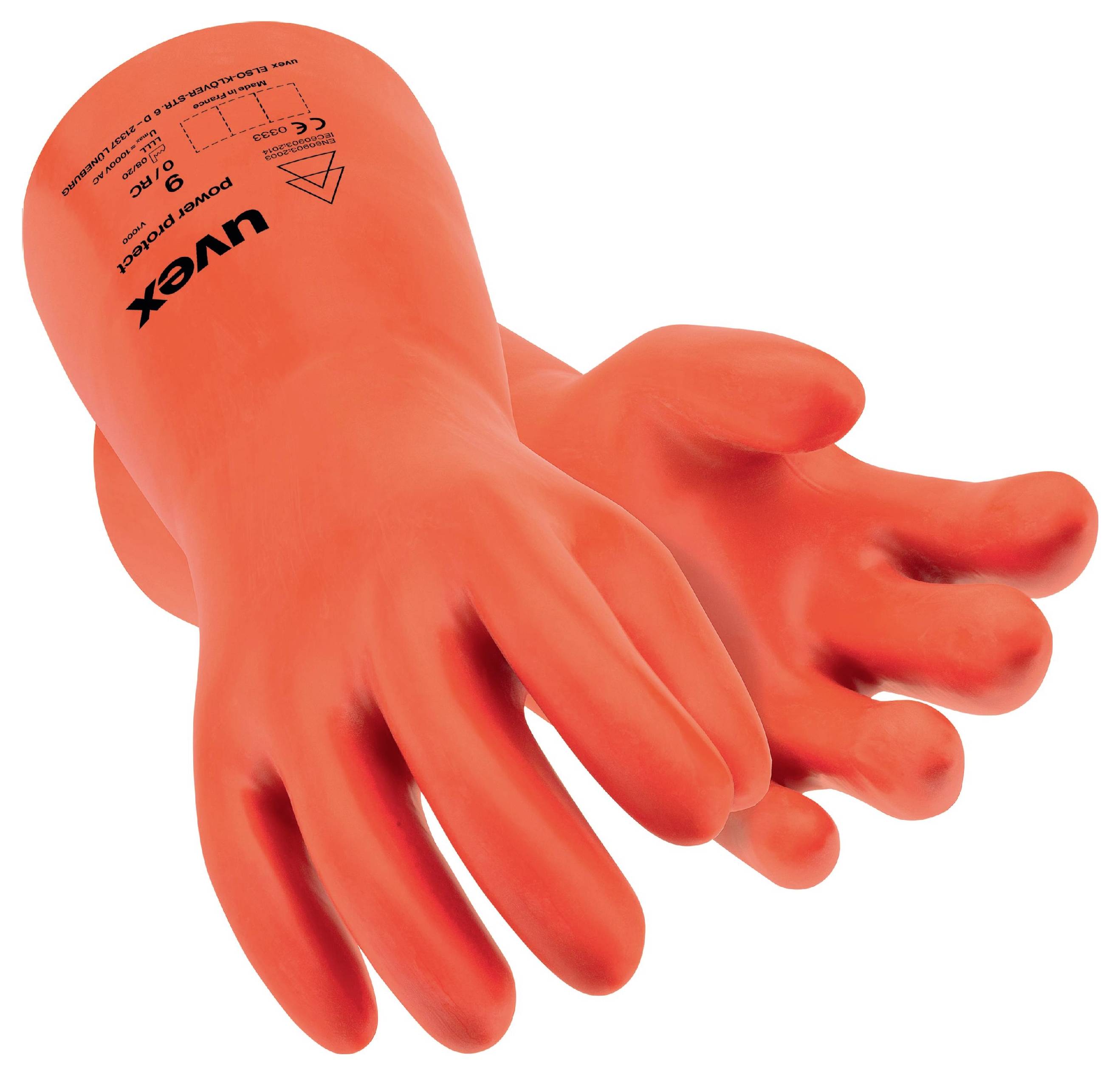 'Orange insulating gloves for electrical work with "Uvex" print. Protects against electric shocks, suitable for professionals.'