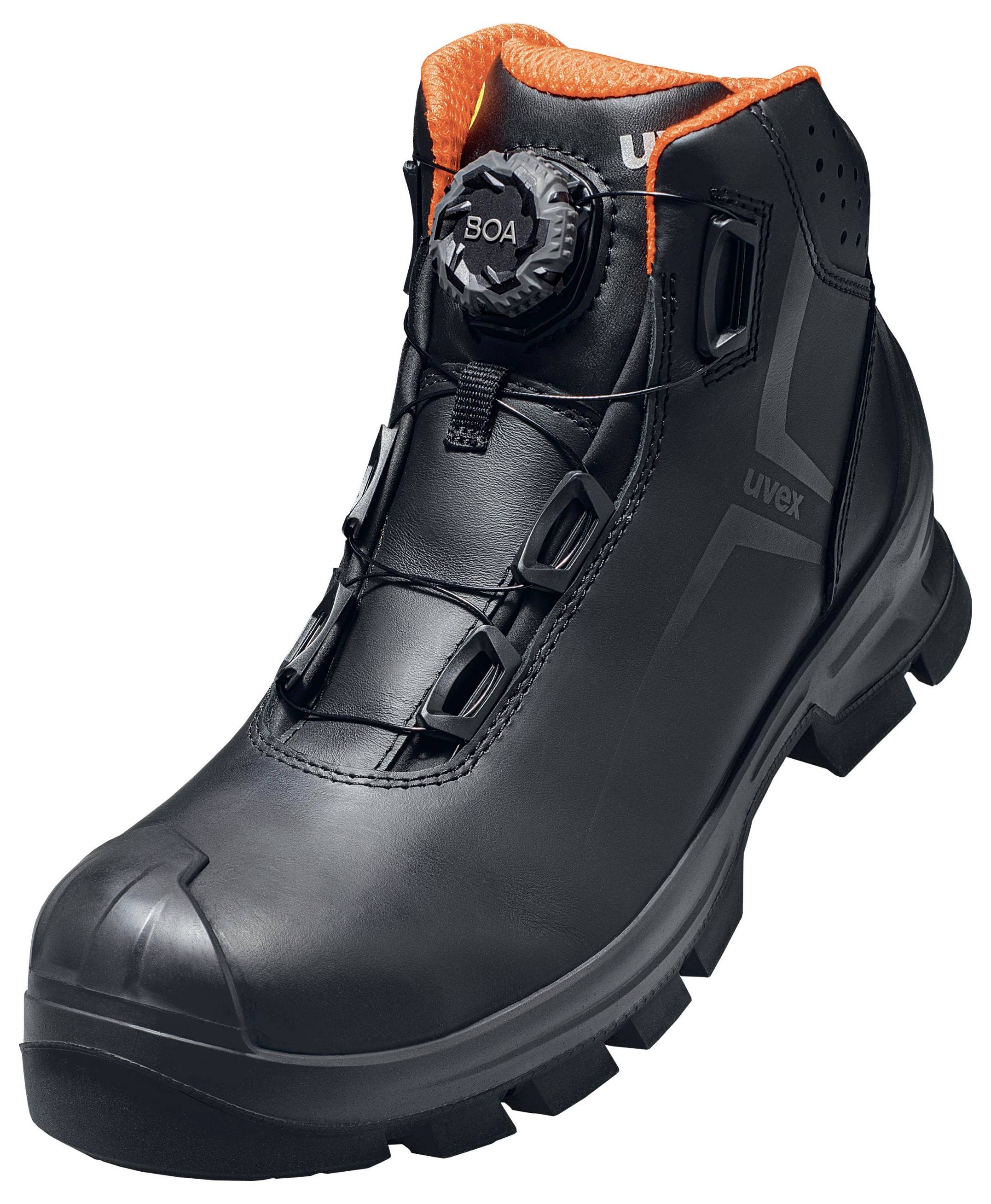 Black, ankle-high safety shoe with orange inner lining, robust soles, and a twist-lock fastening system for secure fit.
