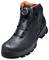 Black, ankle-high safety shoe with orange inner lining, robust soles, and a twist-lock fastening system for secure fit.