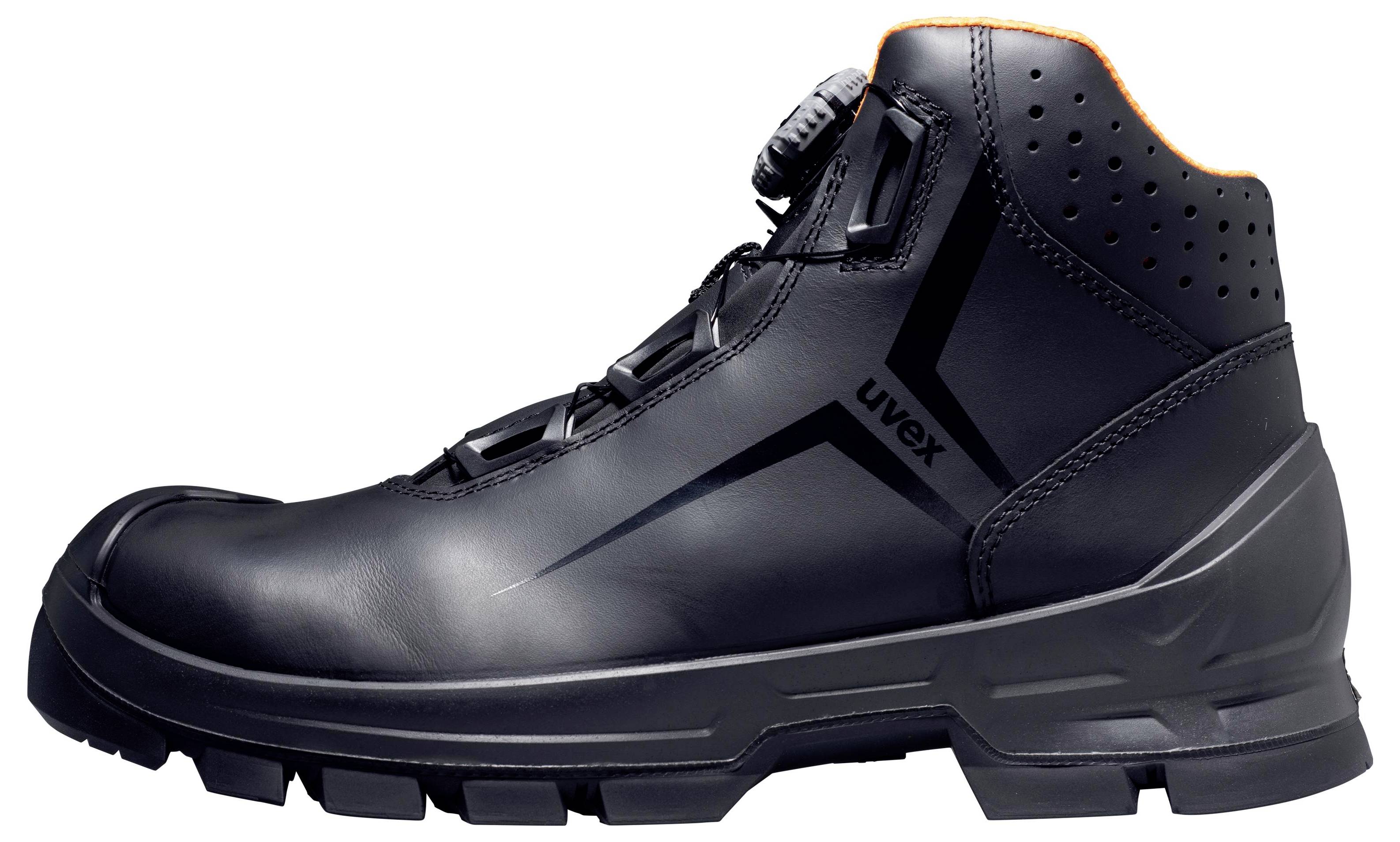 A black work shoe with sturdy construction and robust tread, suitable for workplace safety. Brand logo visible on the side.