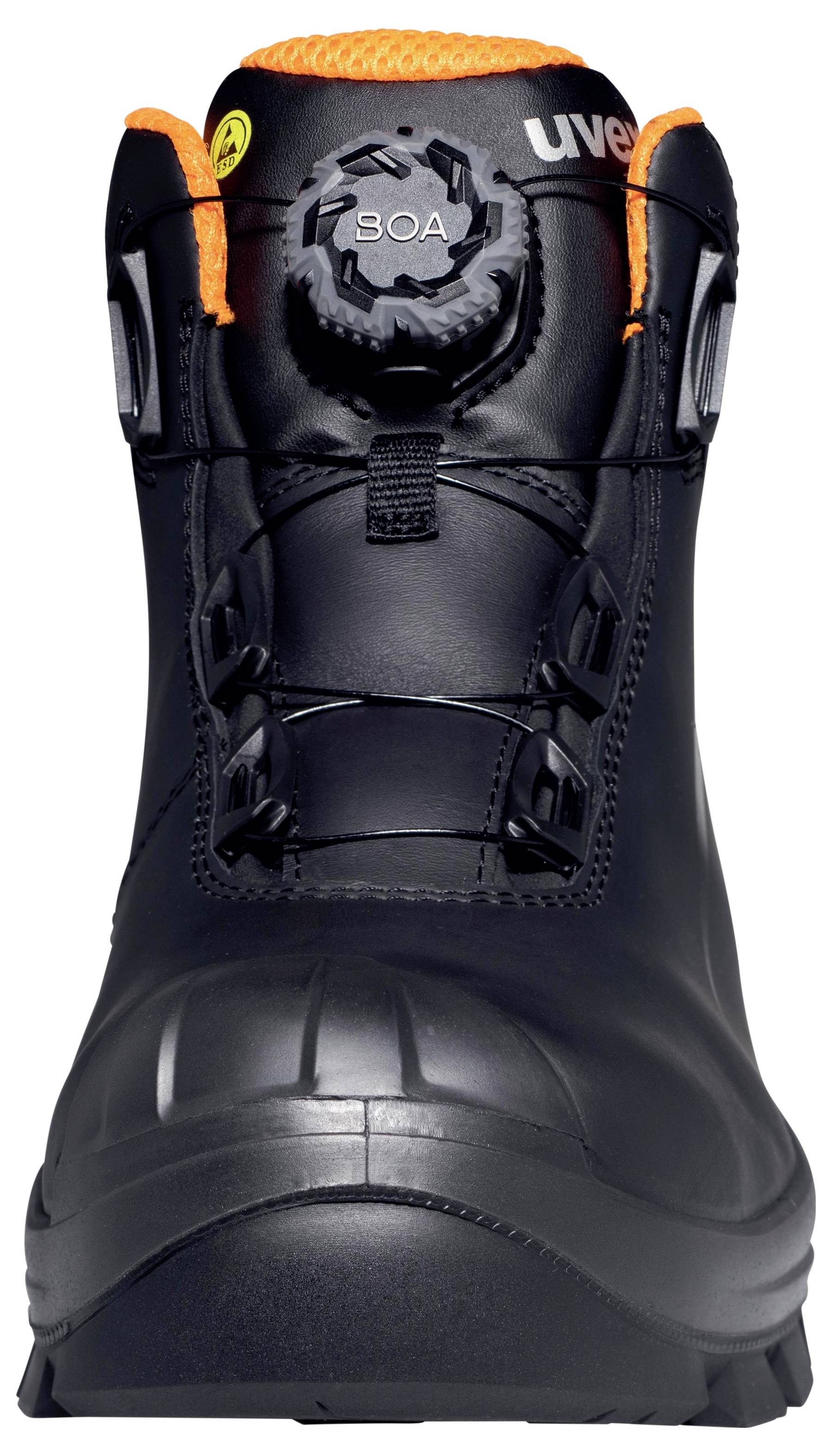 Black safety boots with a twist lock and orange accents, suitable for safety applications. Front view of the toe area.