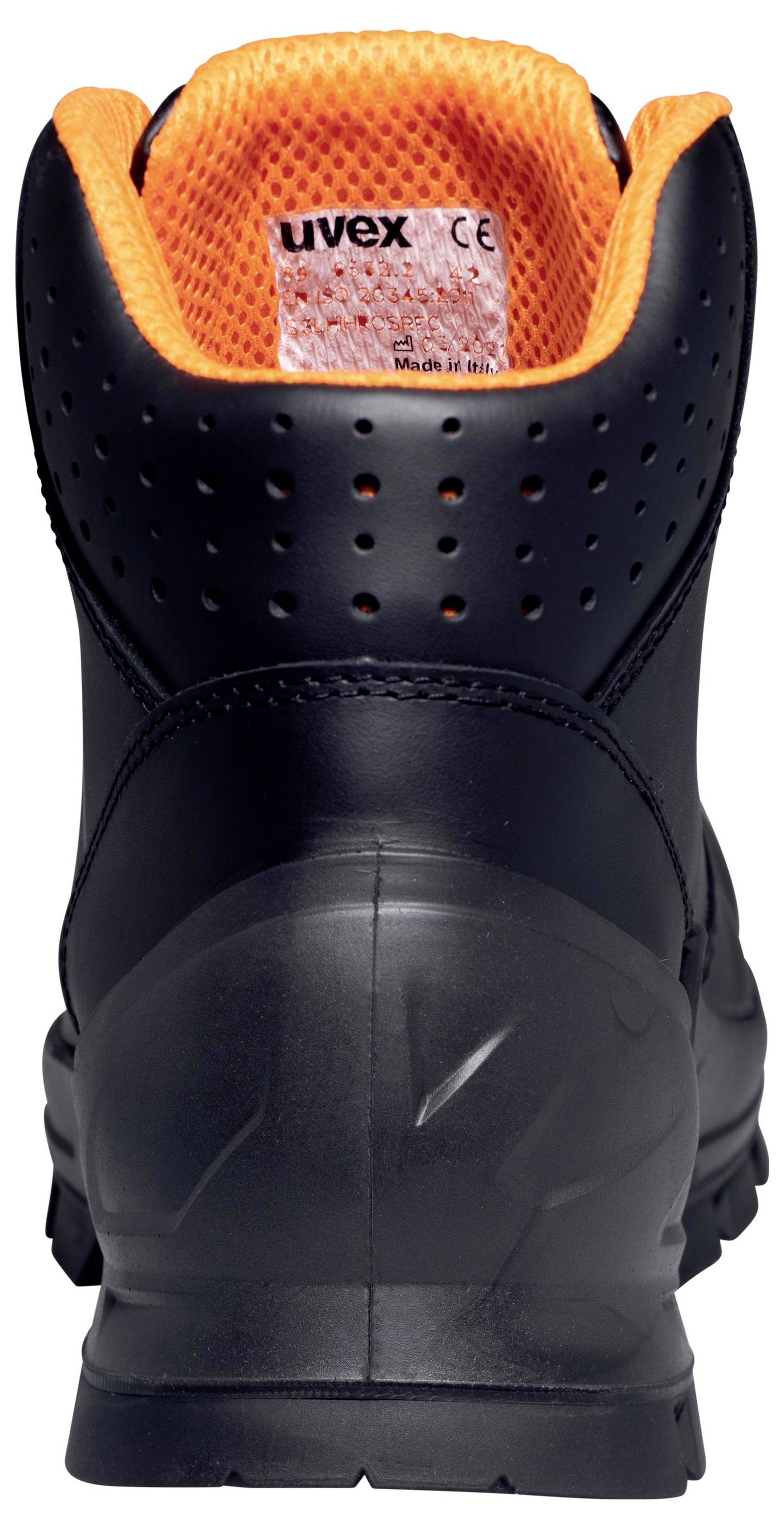 Black safety shoe made of plastic with orange inner lining, marked with 'uvex' and CE marking on the inside.