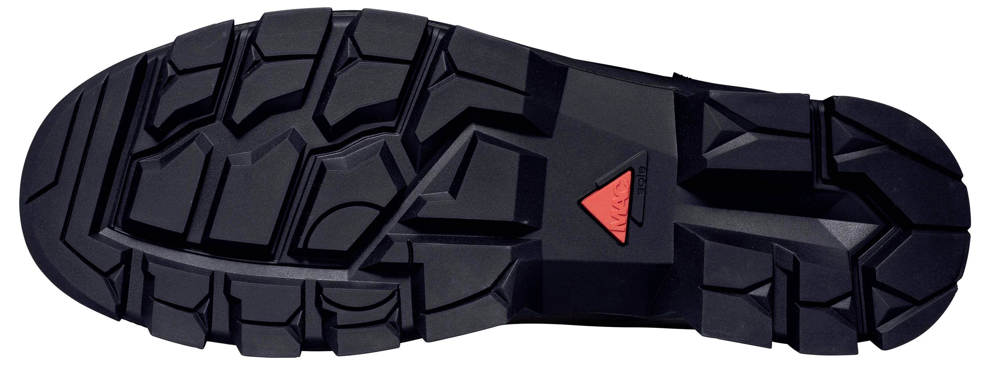 'Black shoe sole with a coarse tread pattern and a red triangle in the centre. Suitable for good grip on uneven terrain.'