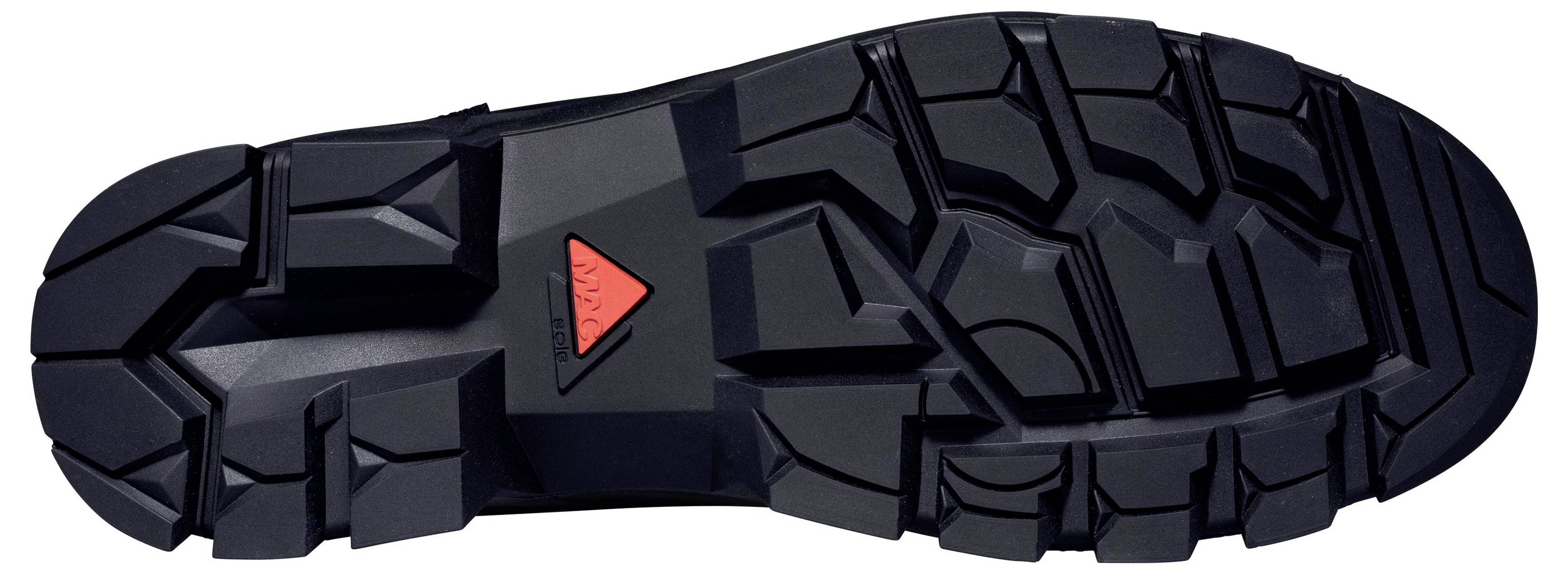 View of the sole of a shoe with a coarse tread pattern and a red, triangular logo in the centre. Suitable for outdoor conditions.