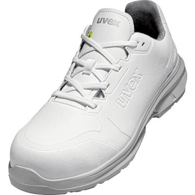 White safety shoe by Uvex with lace-up fastening, suitable for use in various work environments.