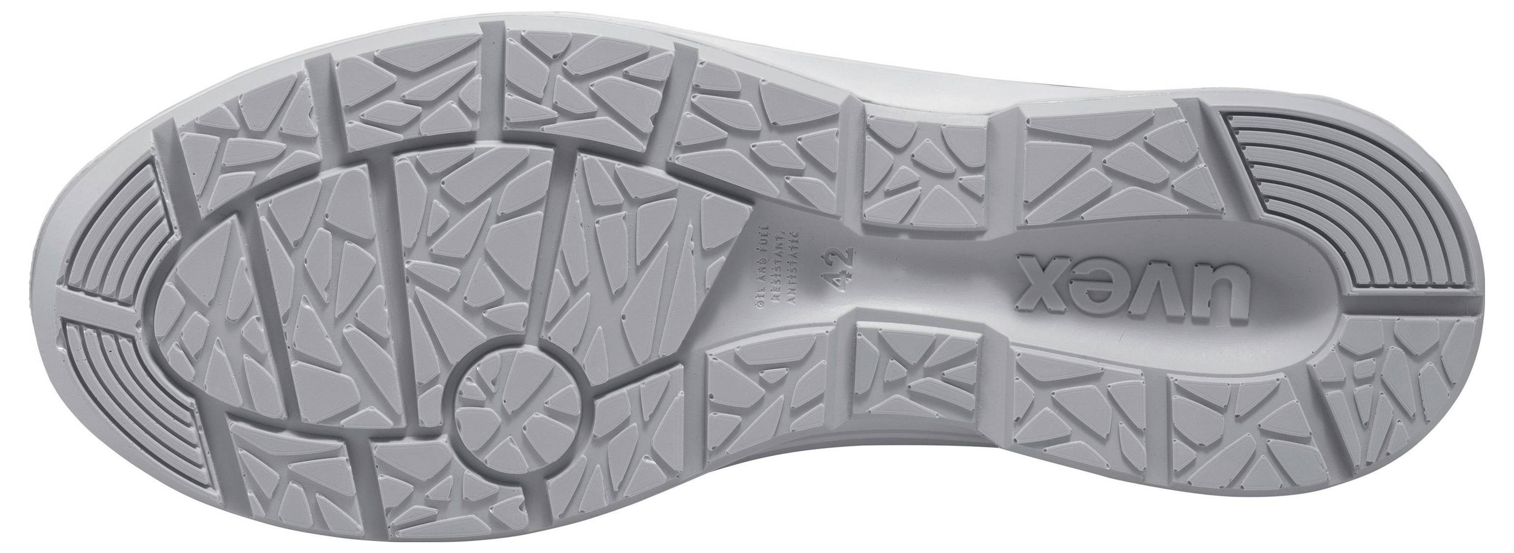 Grey sole of a shoe with non-slip tread and UVEX brand visible, showing detail of the textured surface for secure grip.