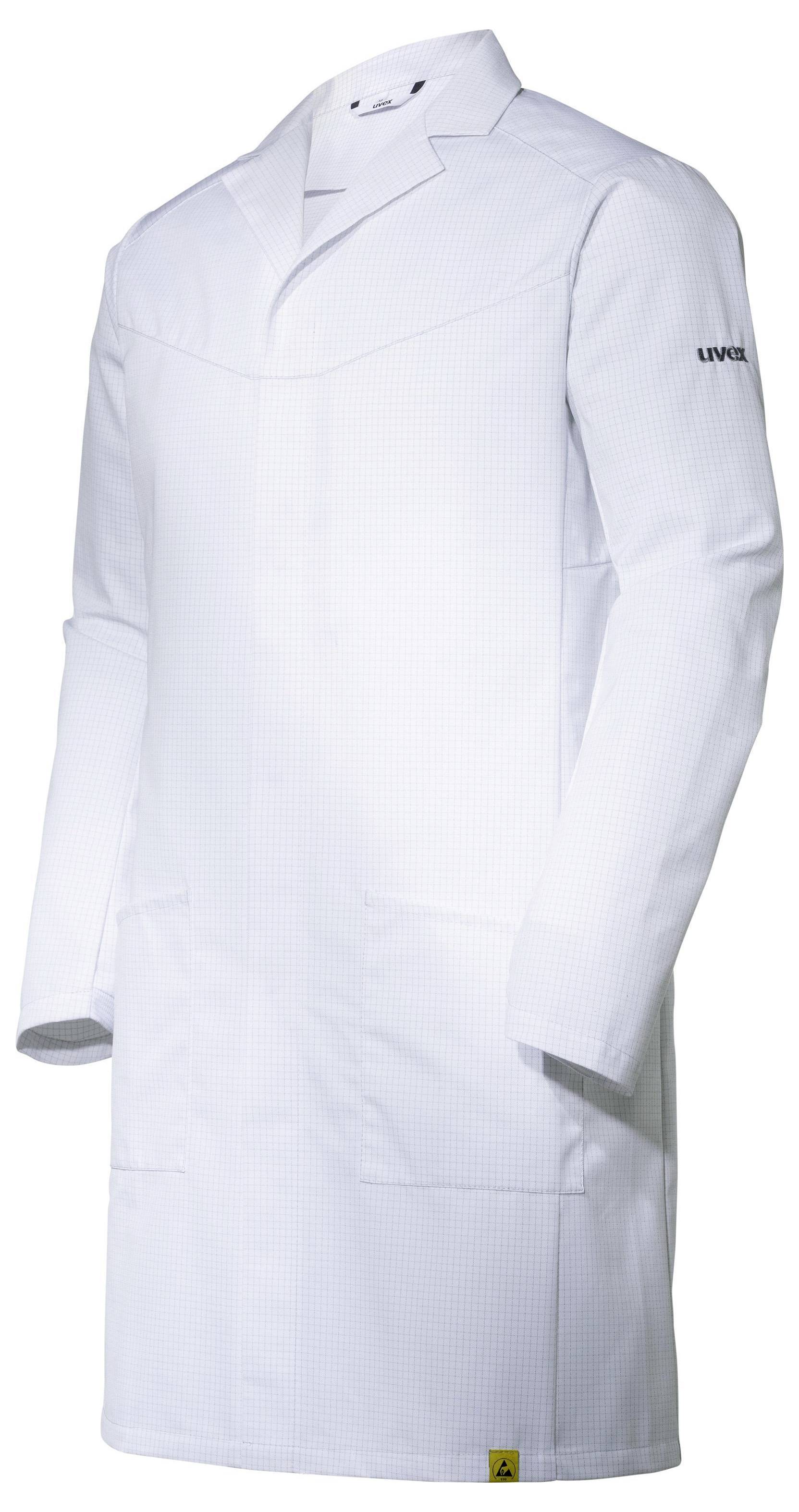 White laboratory coat with long sleeves and pockets. Shoulder area slightly offset. Logo on the left arm.
