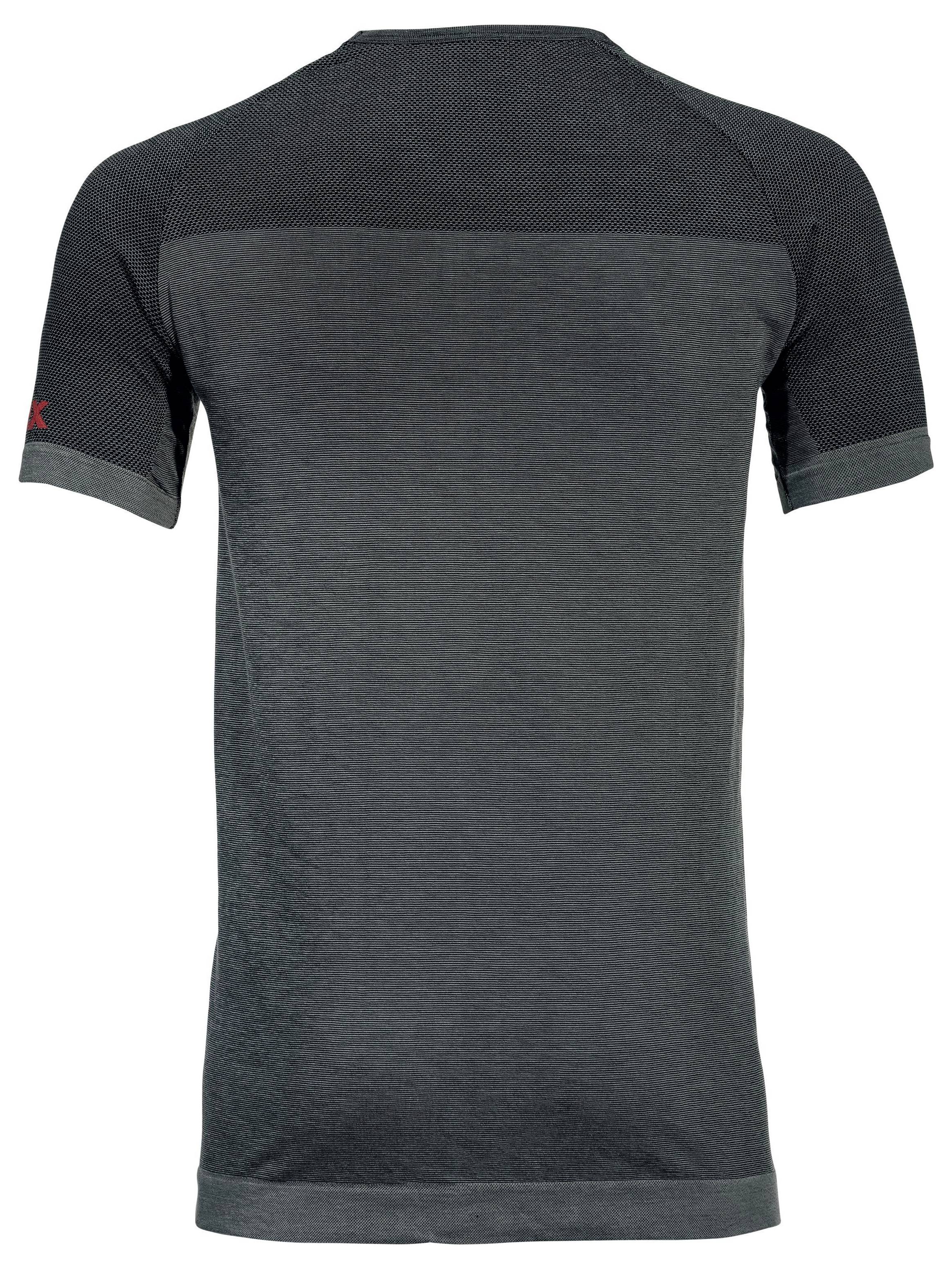Black short-sleeved T-shirt, rear view. Dark fabric with a subtle mesh panel at the shoulders.