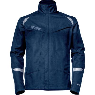 Dark blue work jacket with a high collar, reflective stripes on the shoulders, and a logo on the chest.