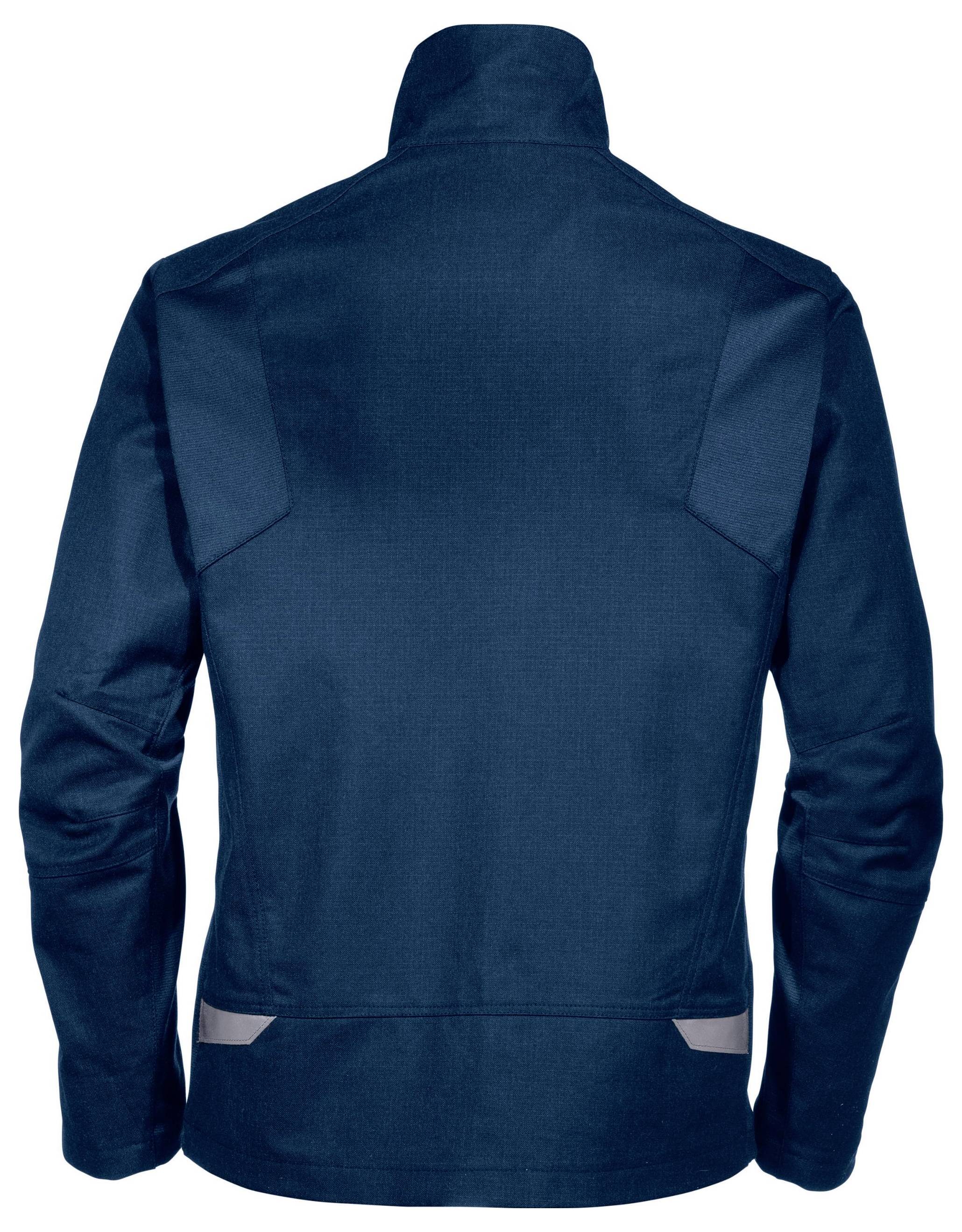 A navy blue jacket, viewed from behind, with a straight cut and a stand-up collar. It has reflective stripes in the lower area.