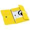 A yellow postal folder with an open fastening reveals a spiral-bound notebook with graphics and notes.