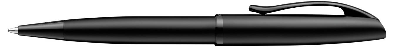 A black ballpoint pen with a rounded tip and curved clip.