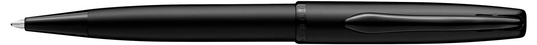 A black ballpoint pen with its cap closed is lying horizontally.