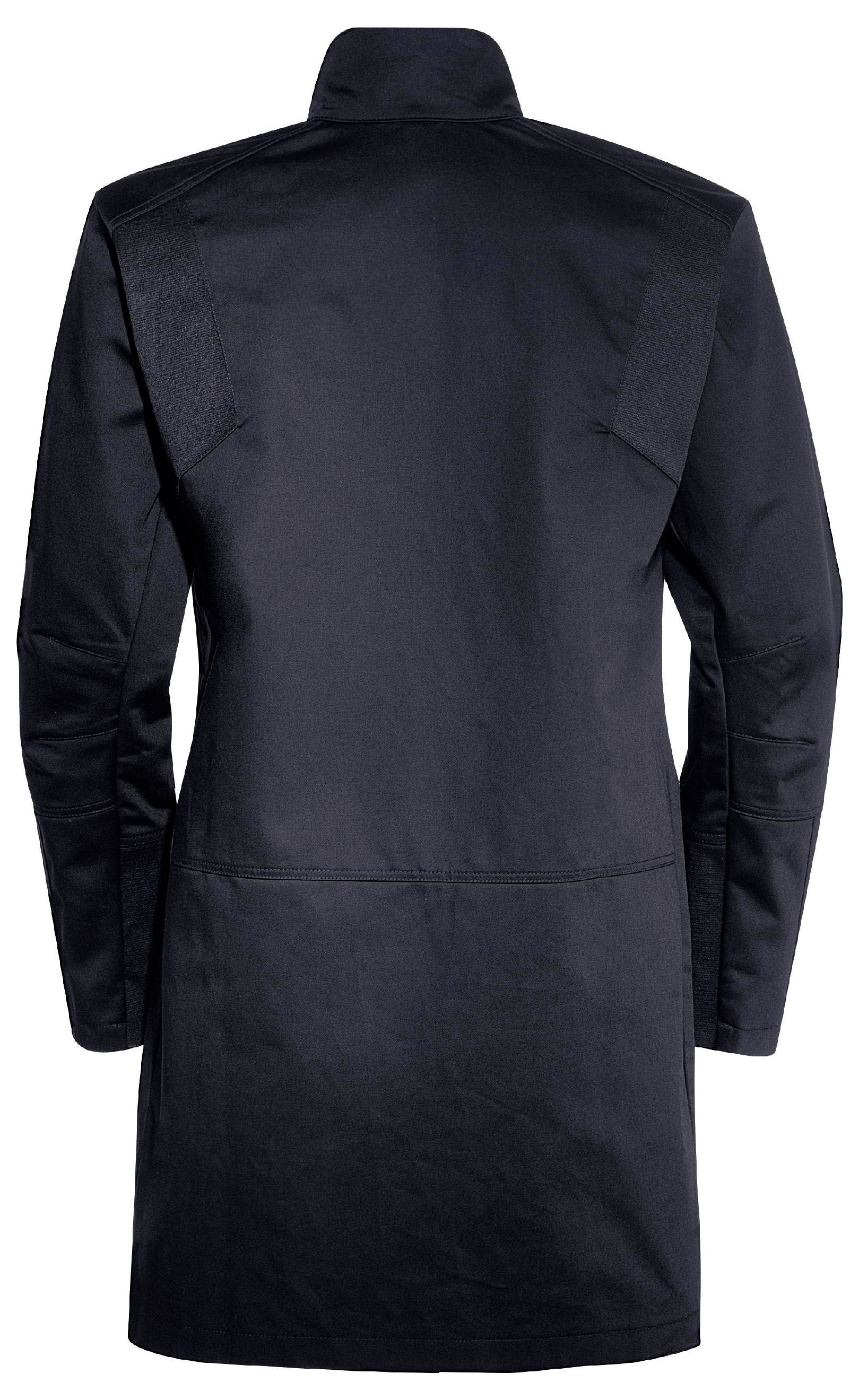 Black coat with a stand-up collar and long sleeves, back view. Ideal for formal occasions or as simple everyday attire.
