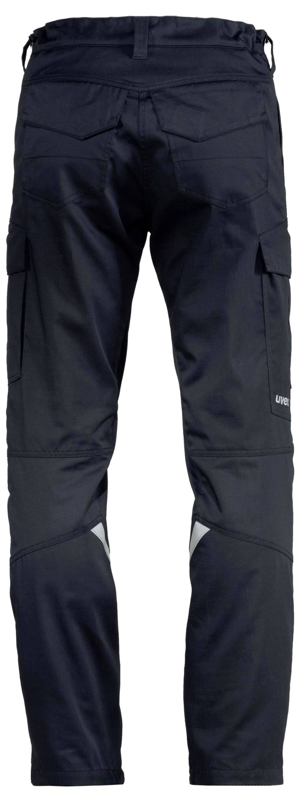 Black outdoor trousers viewed from behind, with pockets and grey reflective stripes on the legs. Suitable for sporting activities.