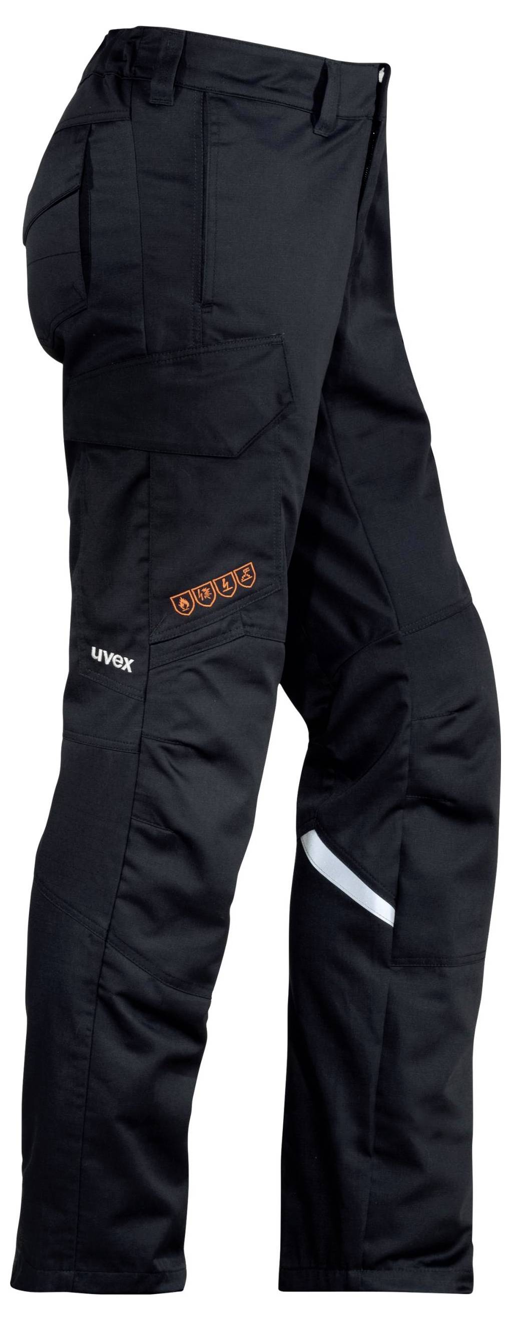 Black work trousers with side pockets and reflective stripes on the knees, suitable for manual labour.