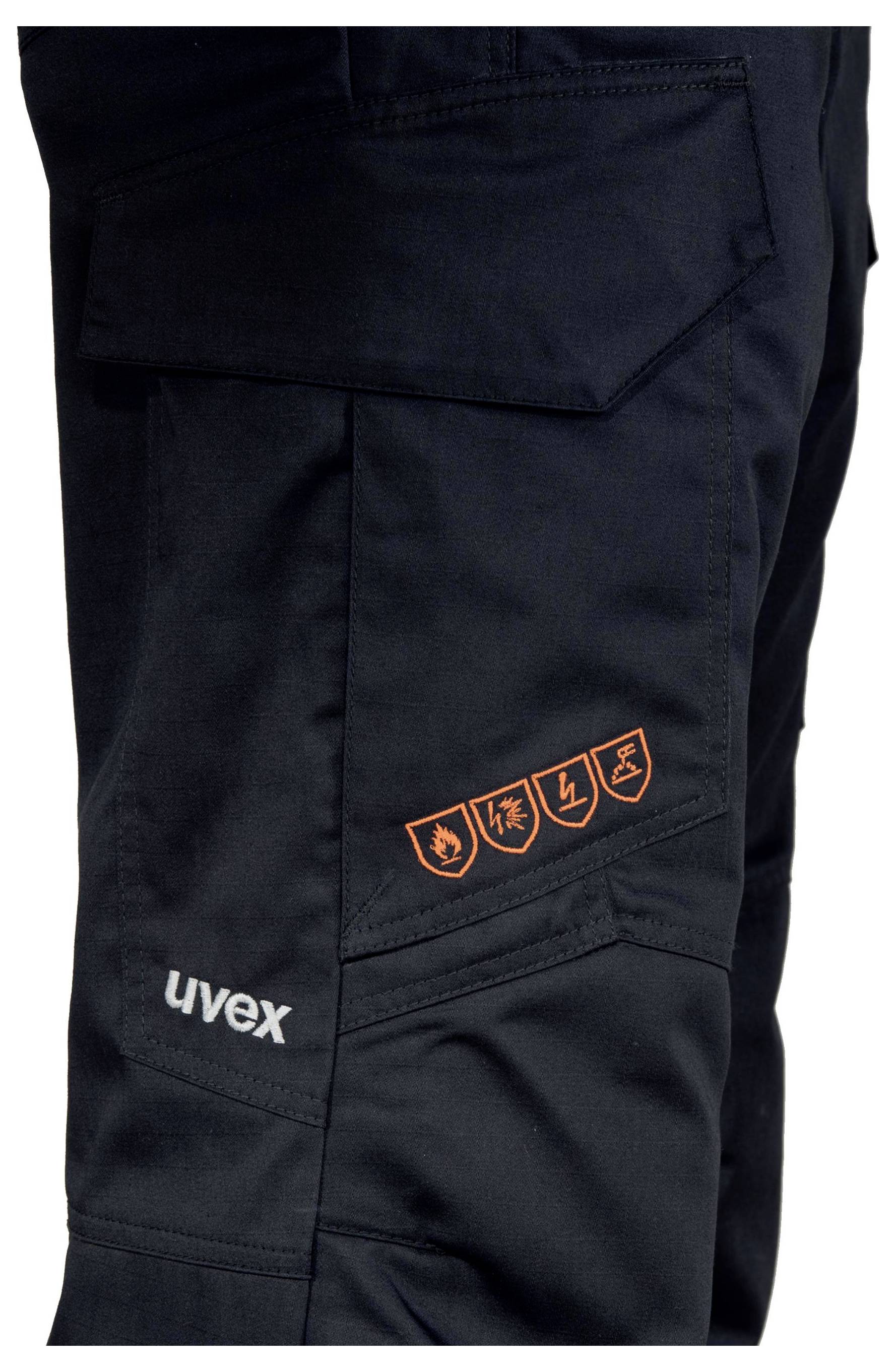 Black work trousers, displaying the Uvex logo and protection category symbols on the side. Suitable for use in industrial settings.