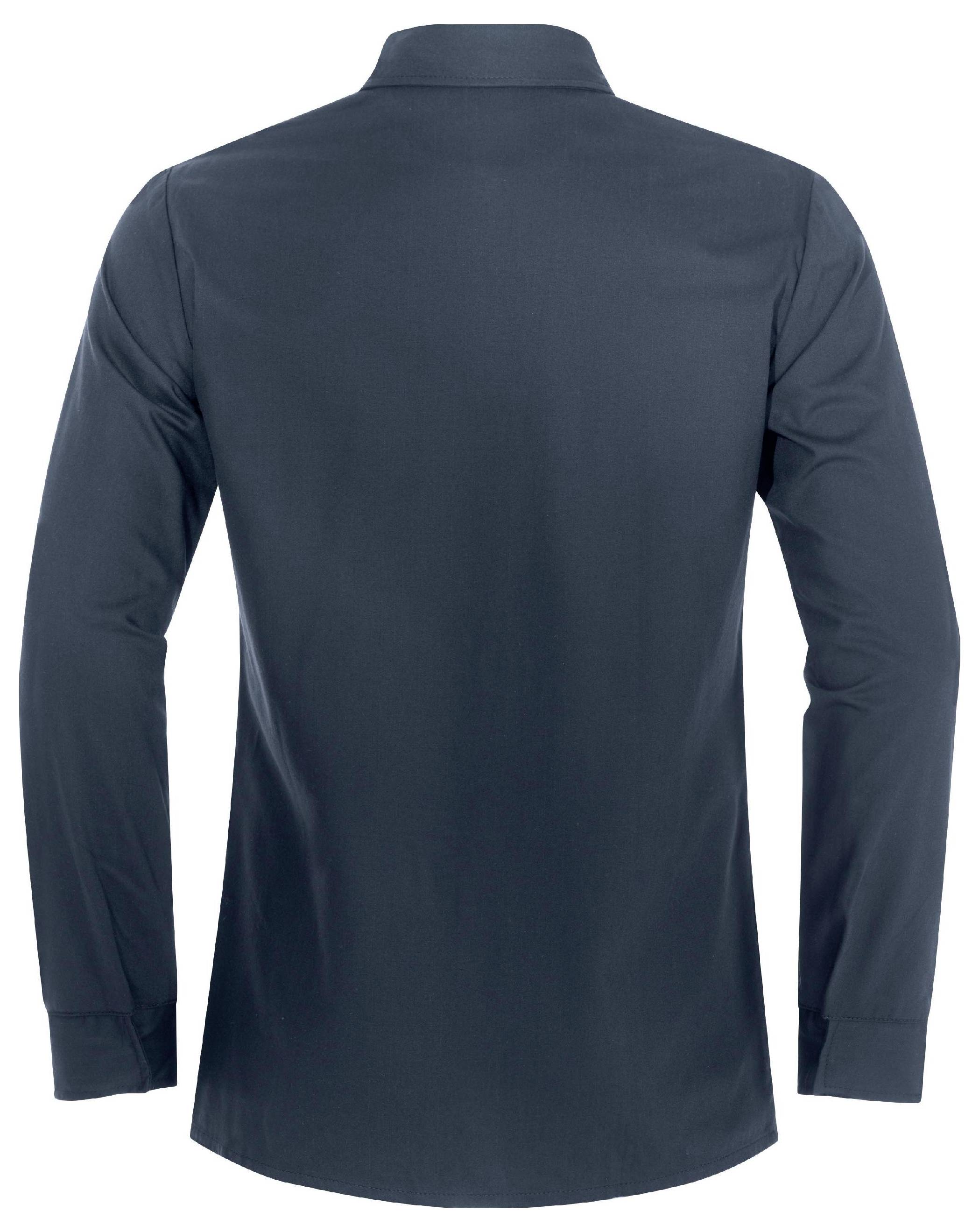 Dark blue long-sleeved shirt, viewed from the back, with a collar and buttons on the cuffs.
