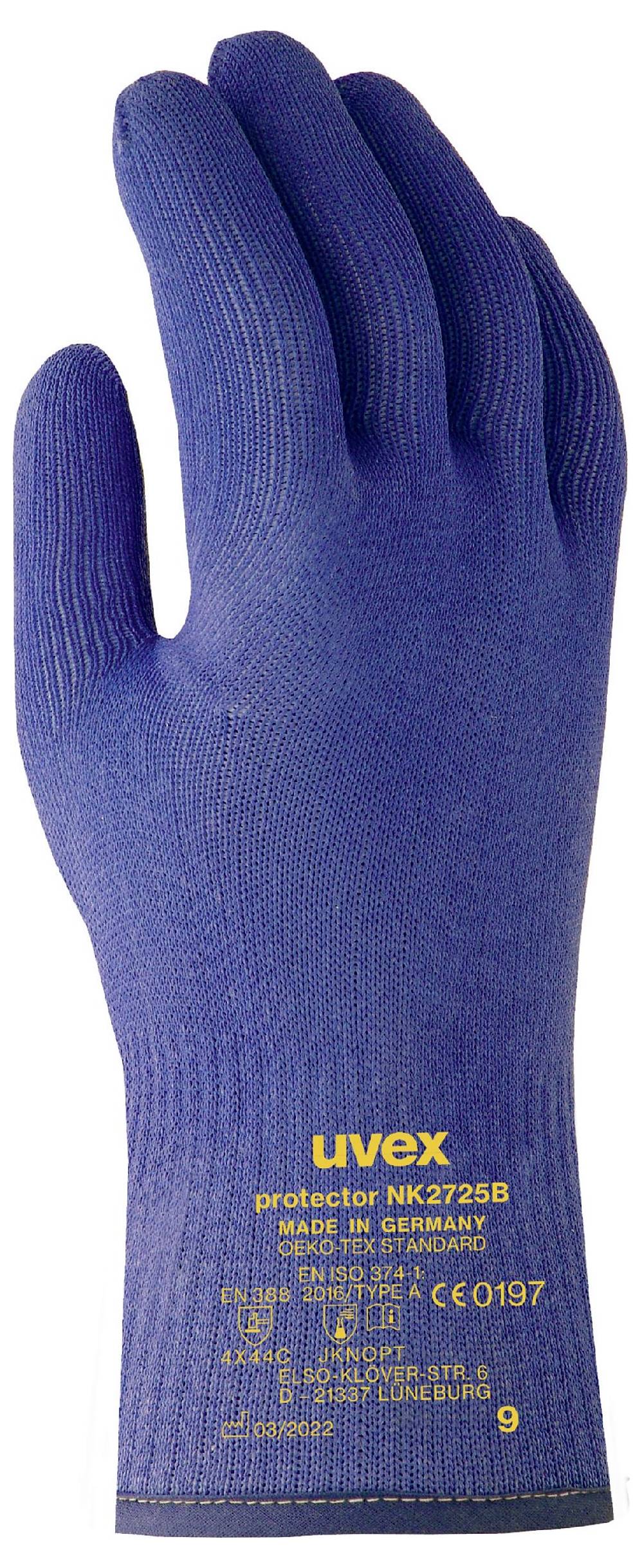 Blue fabric work protection gloves with UVEX logo and model number, suitable for mechanical protection in industrial environments.