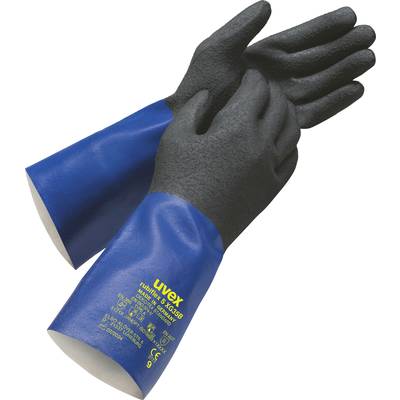 Two black, non-slip gloves with blue, long cuffs. Yellow printing on the cuffs with product information.