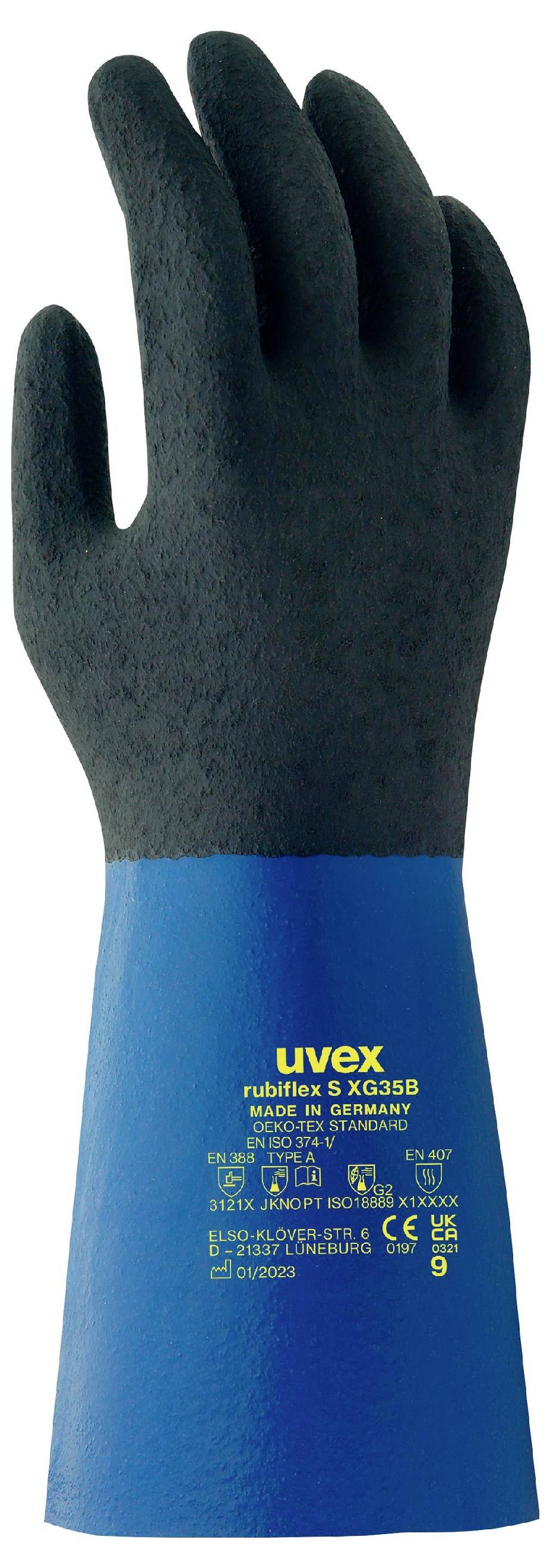 A black safety glove with a blue shaft from 'uvex rubiflex S XG35B', suitable for industrial use.