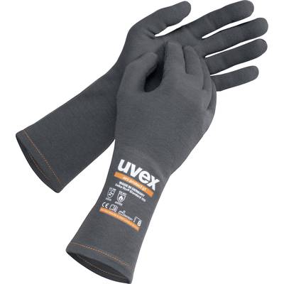 Two grey protective gloves with the 'uvex' logo on the back of the hand. They are suitable for use in industry.