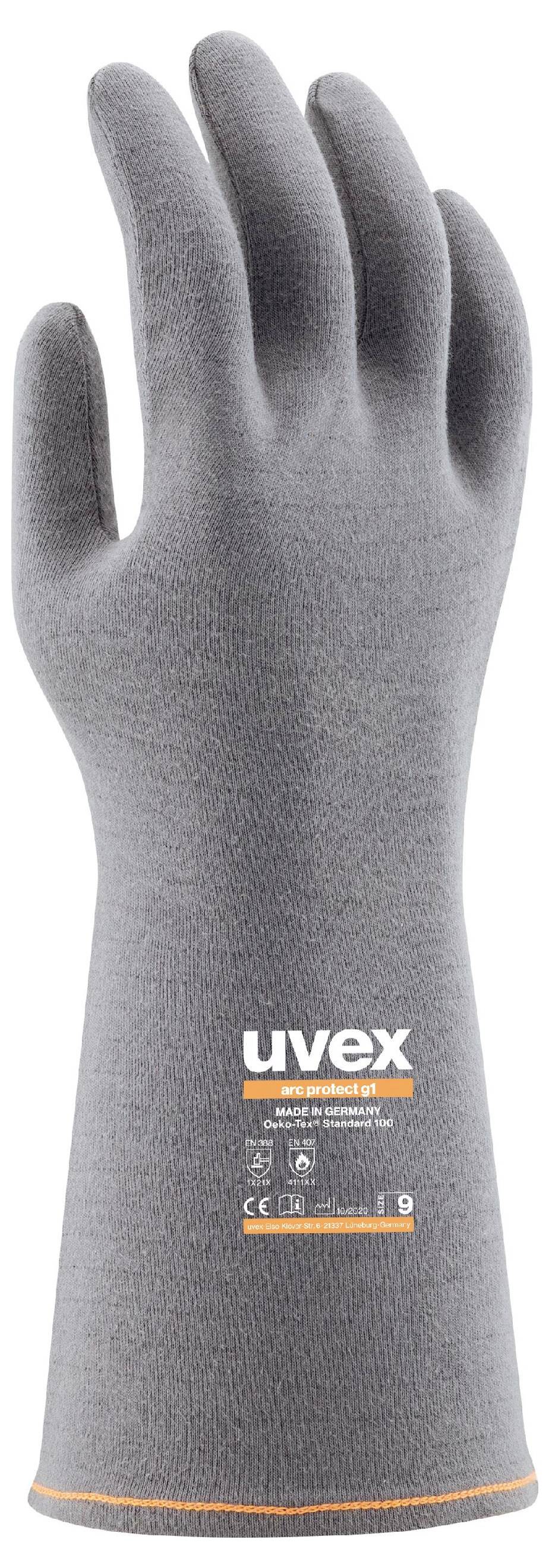 Grey work glove with uvex logo, offering protection against chemicals. With orange cuff and text indicating protective classification.