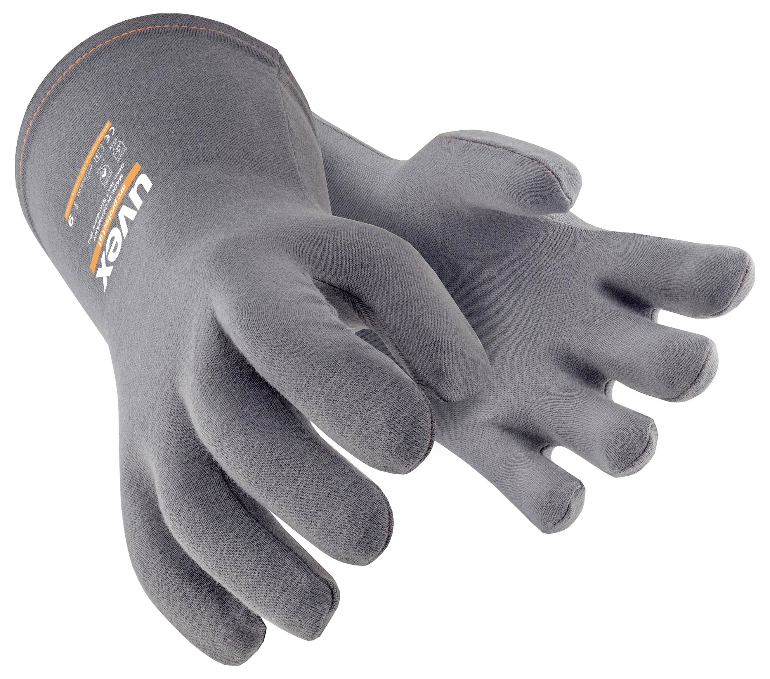 Grey protective gloves by Uvex with embroidered logo and seam details, suitable for industrial use.