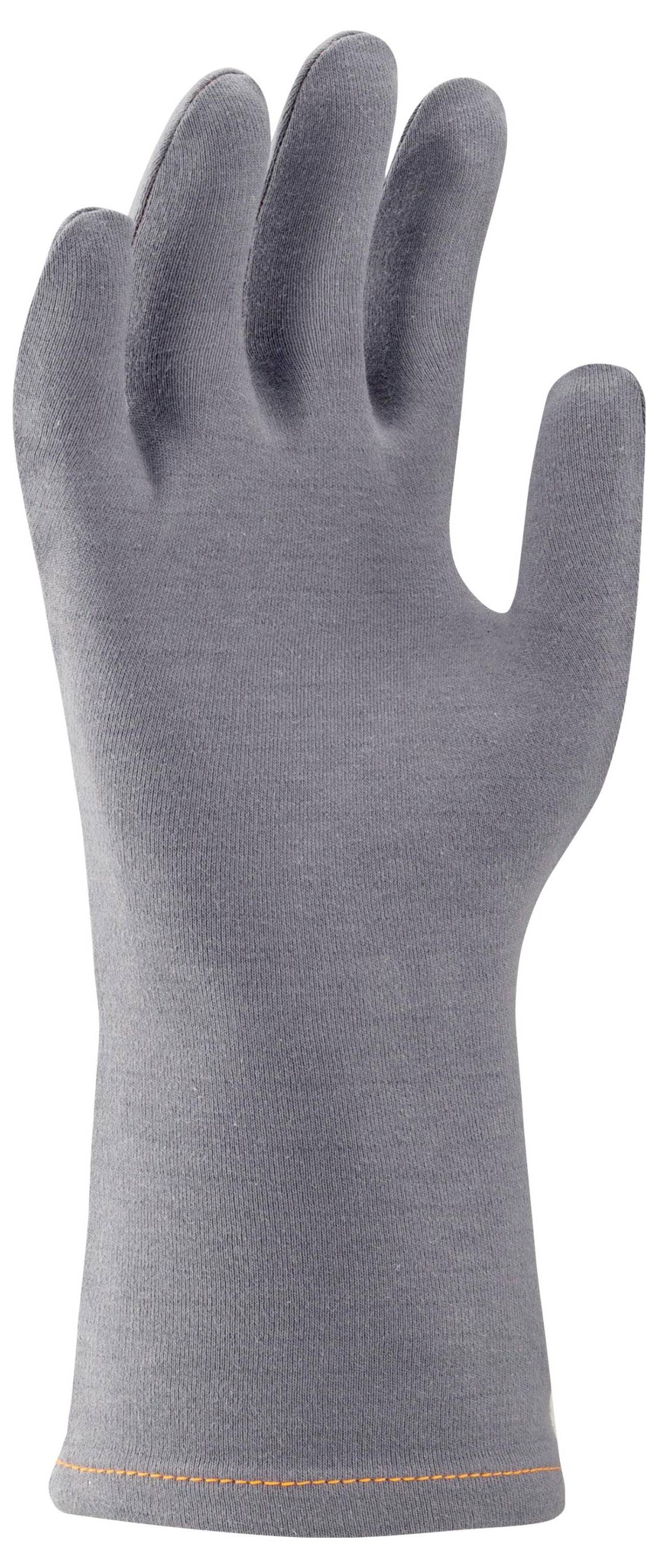 Grey glove covering the entire forearm, with a slightly lustrous surface.