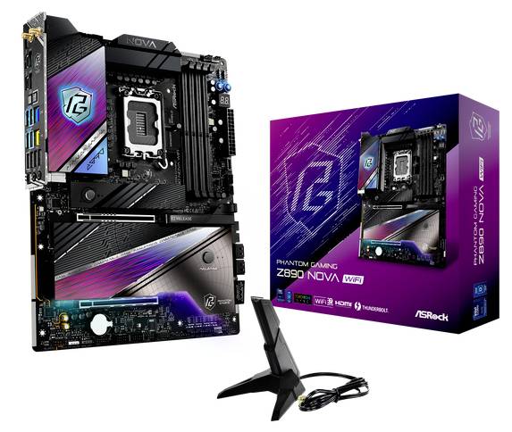 ASRock Z890 NOVA WiFi Motherboard with Packaging and Antenna. Designed for Gaming, highlighted by striking Neon Colours.