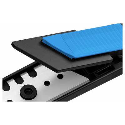 Close-up of a blue and black ski boot clipping system, showing the mechanism and material design.