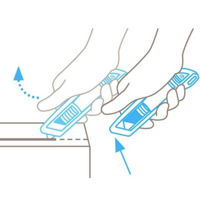 Illustration of two hands each holding a craft knife. One hand is cutting along an edge, the other cutting from above.