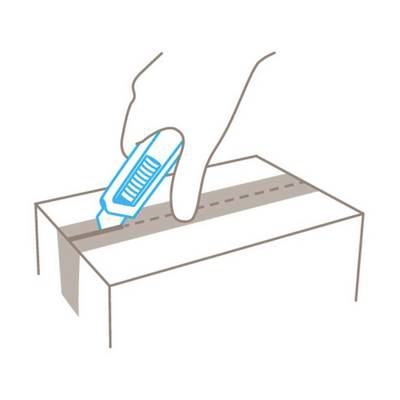 A hand uses a craft knife to open a package along the dotted line.