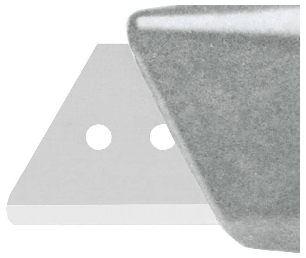 A grey, triangular blade with two round holes, partially obscured by a grey object in the foreground.