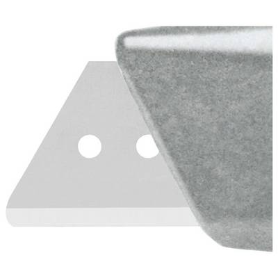 A grey, triangular blade with two round holes, partially obscured by a grey object in the foreground.