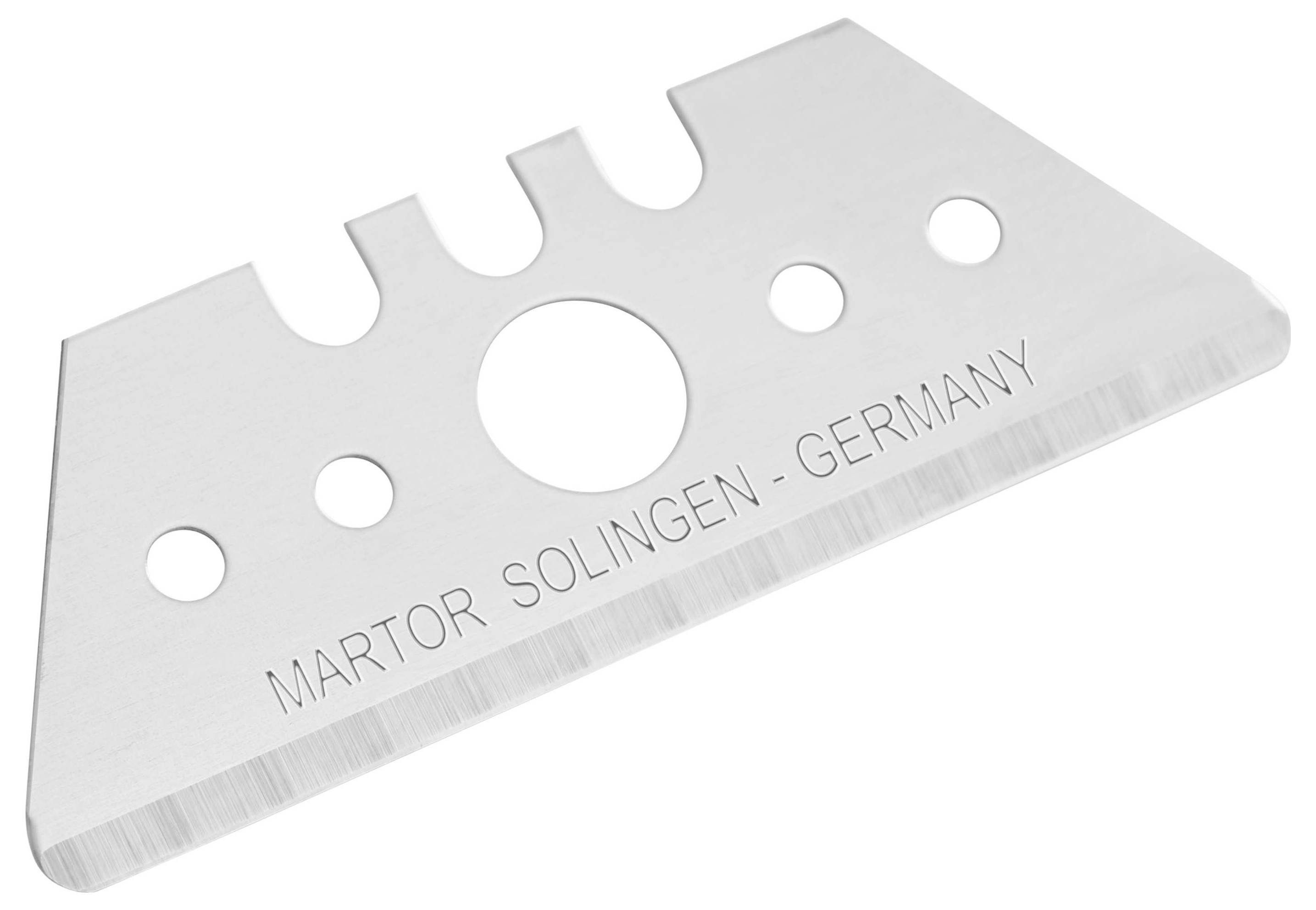 A silver replacement blade with the inscription 'Martor Solingen - Germany' on the blade.