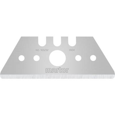 Triangular silver industrial blade with 'martor' inscription and serial number 165232, featuring multiple round cut-outs.