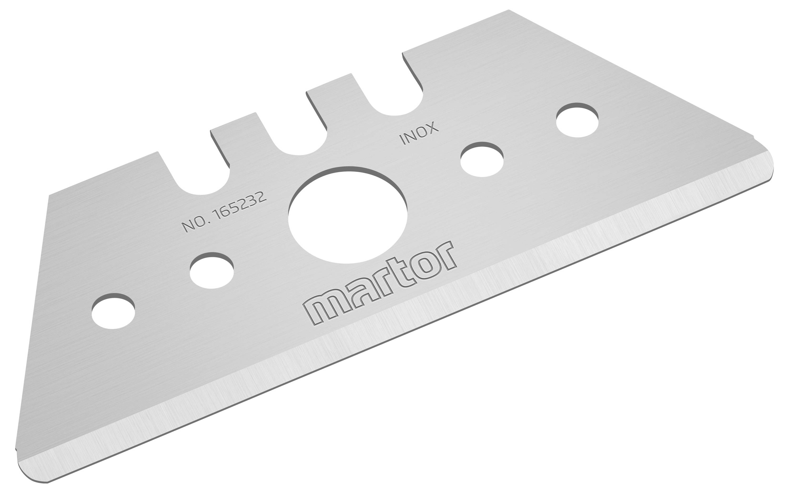 Folding knife with five holes, including the word 'martor'. Primarily used in safety knives or box cutters.