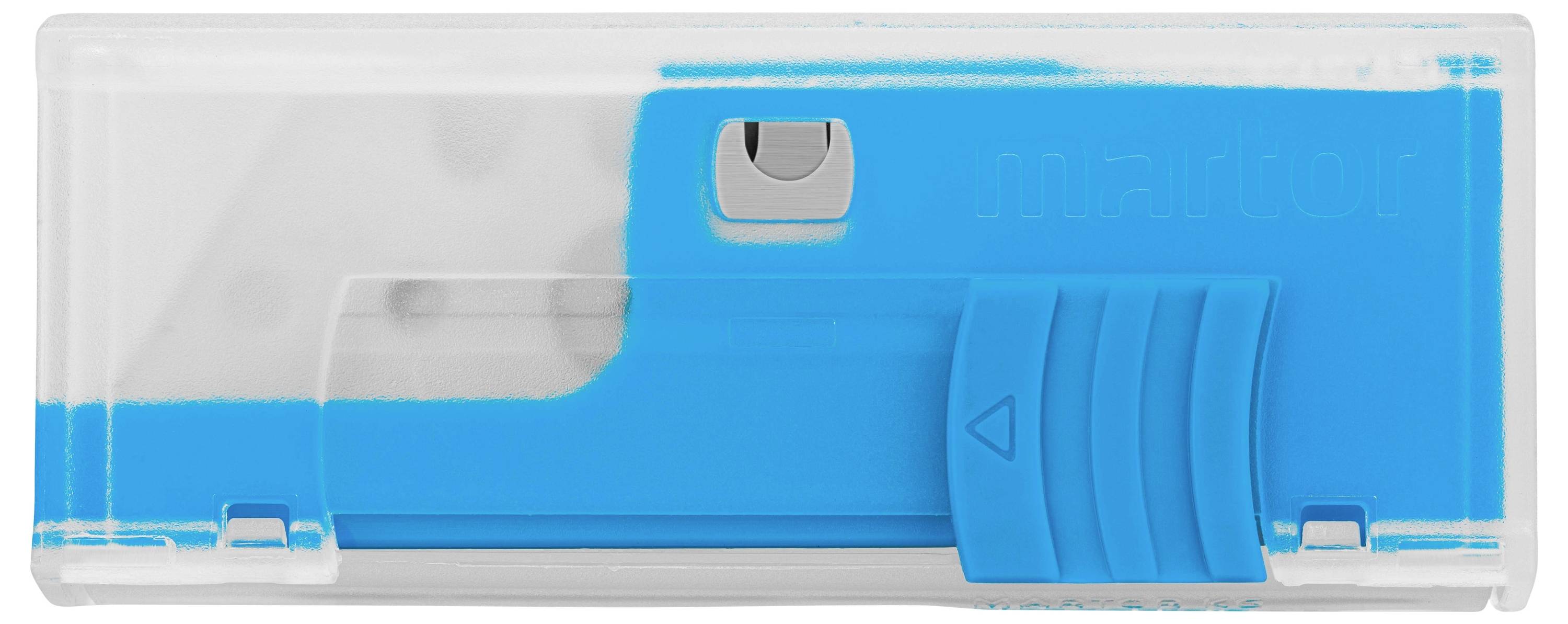 A white and blue plastic tool with a sliding mechanism, used for sharpening blades or similar objects.