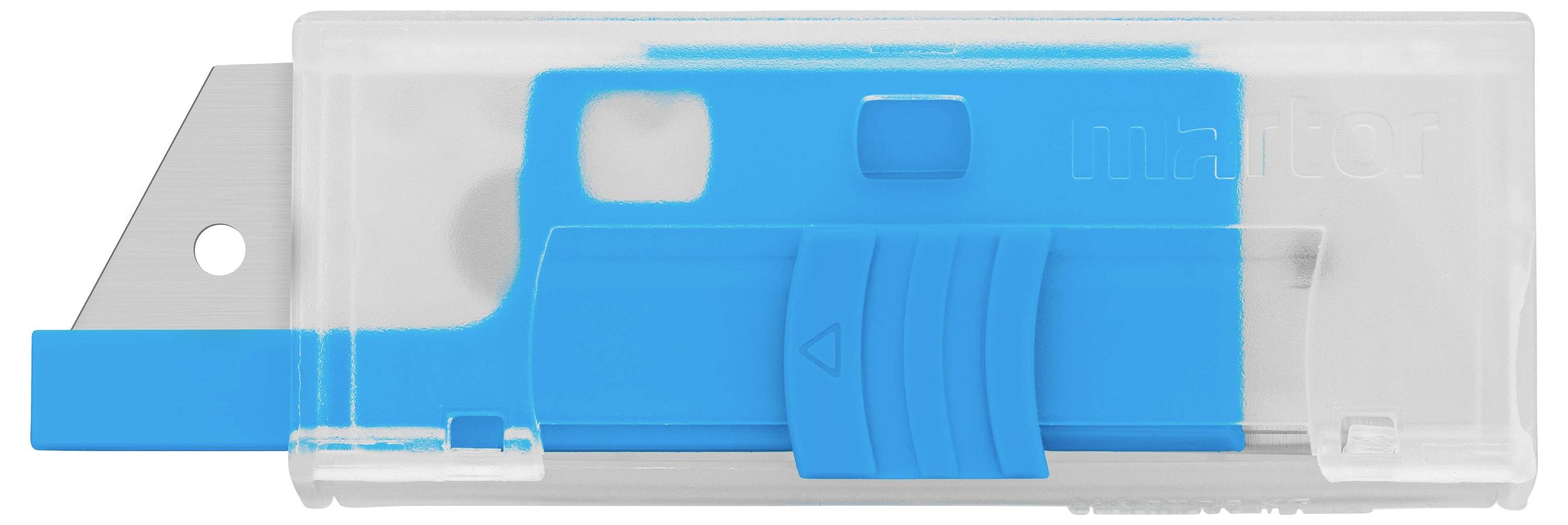 A blue and silver safety knife with a plastic casing and retractable blade, typically used for safe cutting tasks.