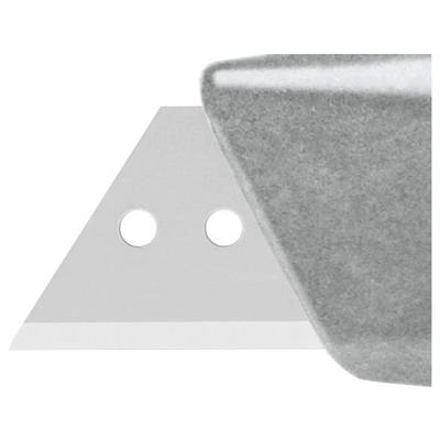 Triangular blade with two holes and a sharp edge, partially obscured by a grey corner in the foreground.
