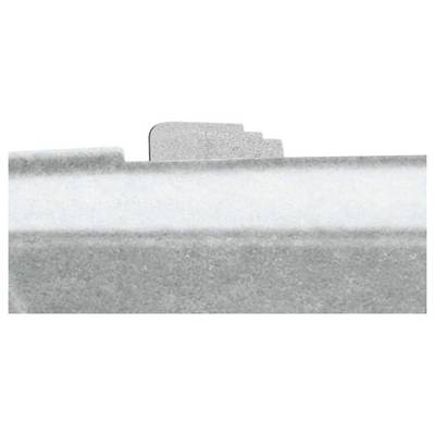 Metal clip with stepped edge on grey background in close-up.