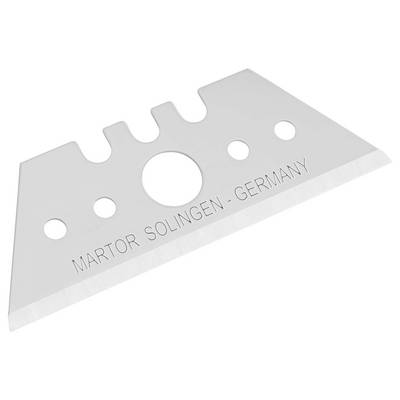 Stainless steel blade with 'Martor Solingen - Germany' inscription, several holes and a sharp cutting edge visible.