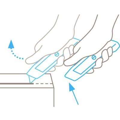 'Illustration of two hands each using a utility knife to open a cardboard box. Arrows indicate the cutting direction.'